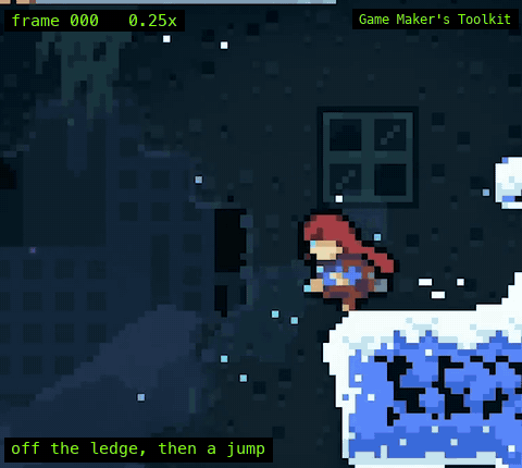 Madeline jumps after running off a ledge, at 0.25x.