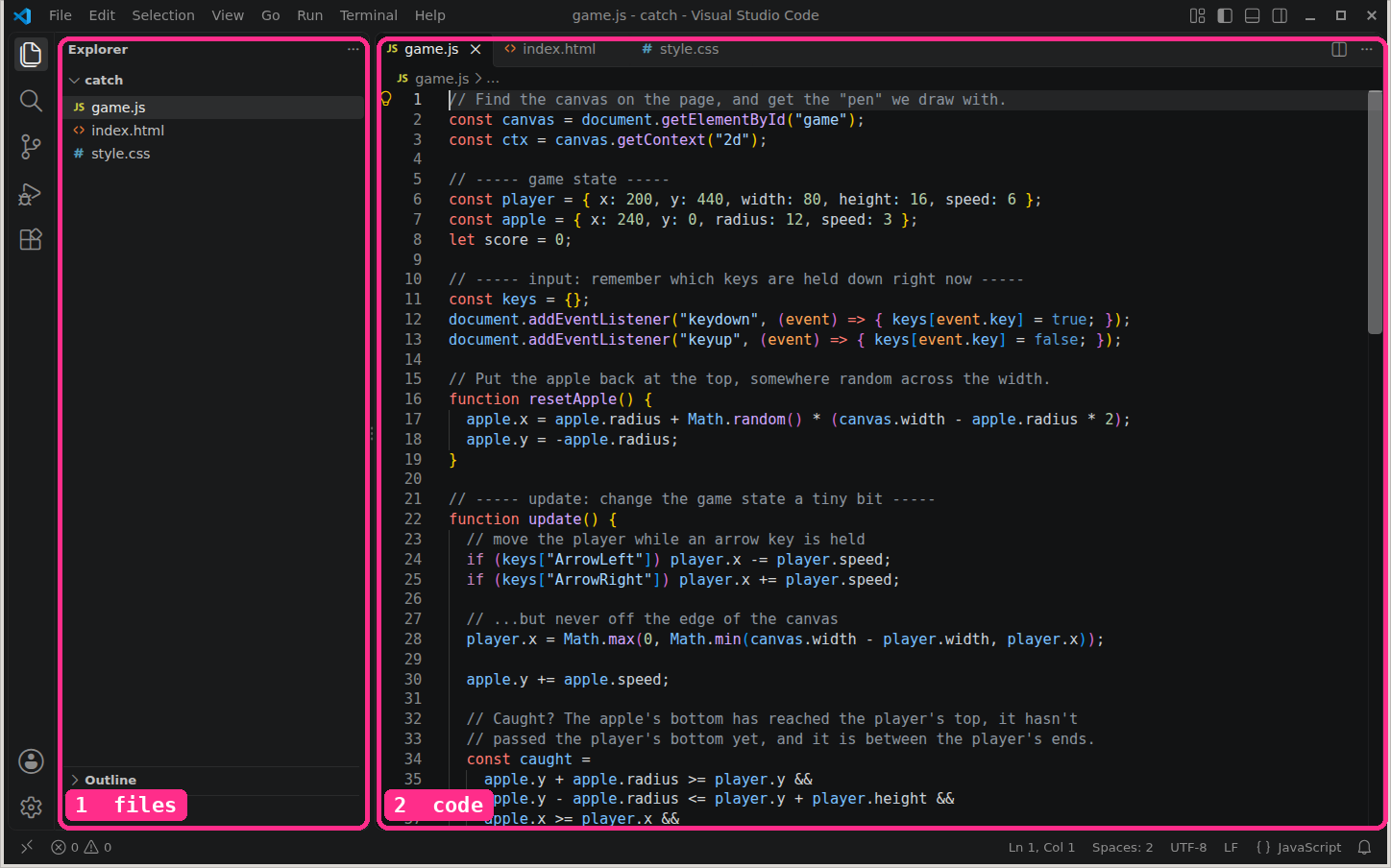 VS Code with the catch folder open: 1 the files, index.html, style.css and game.js; 2 game.js in the editor.